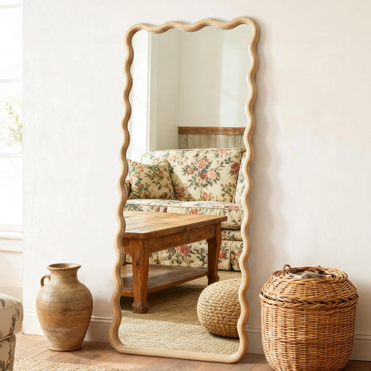 Full Length Mirror, 55”x28” Wavy Wood Floor Mirror for Wall