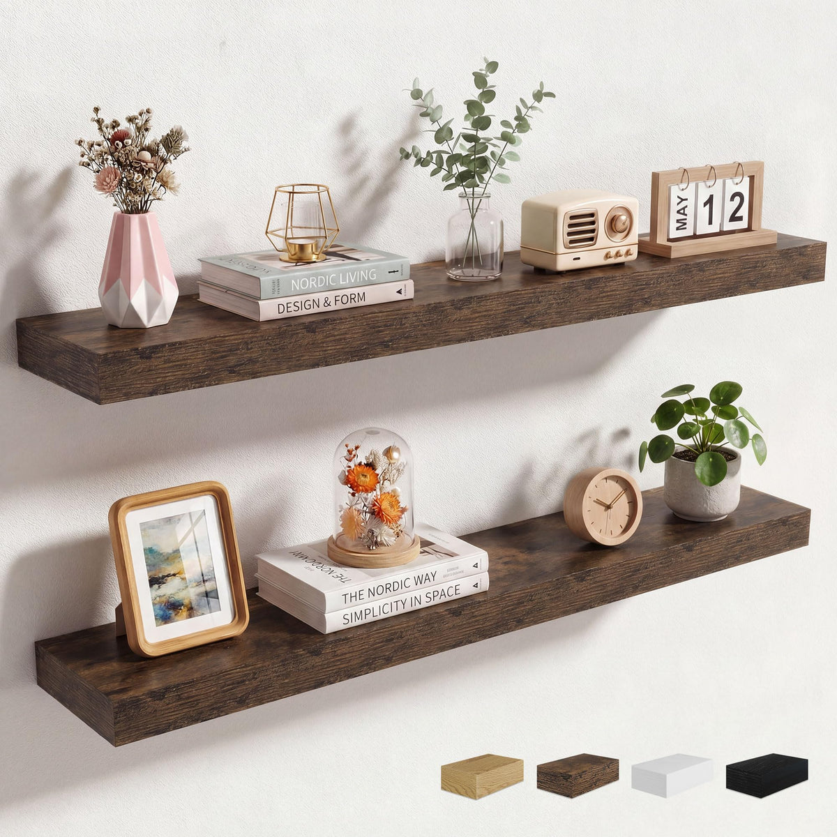 Axeman 72Inch Floating Shelves for Wall 2 Pack Shelves for Kitchen Bathroom Bedroom, Wooden Shelves with Invisible Brackets, Wall Mounted Rustic Wood Floating Shelf for Decor Books Storage, Brown