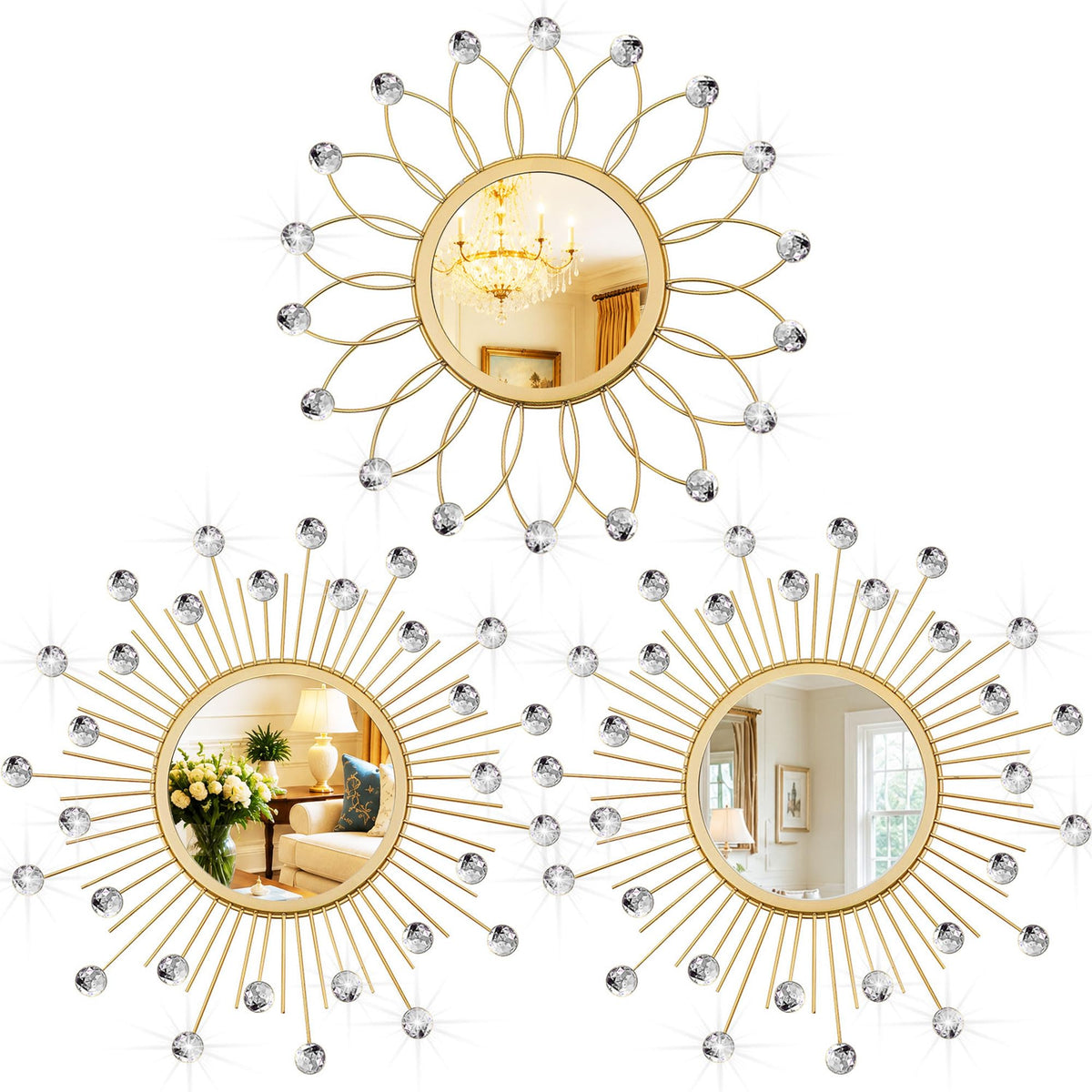 3 Pack Metal Mirrors for Wall Sunburst Wall Mirrors Home Décor Decorative Hanging Wall Art for Living Room Bedroom Entryway (Gold, Flower+Sunburst)