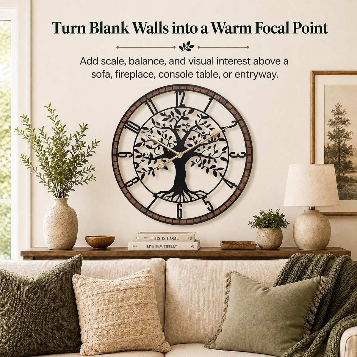 24 Inch Large Modern Metal Tree Wall Clock for Living Room Decor,Wood Frame