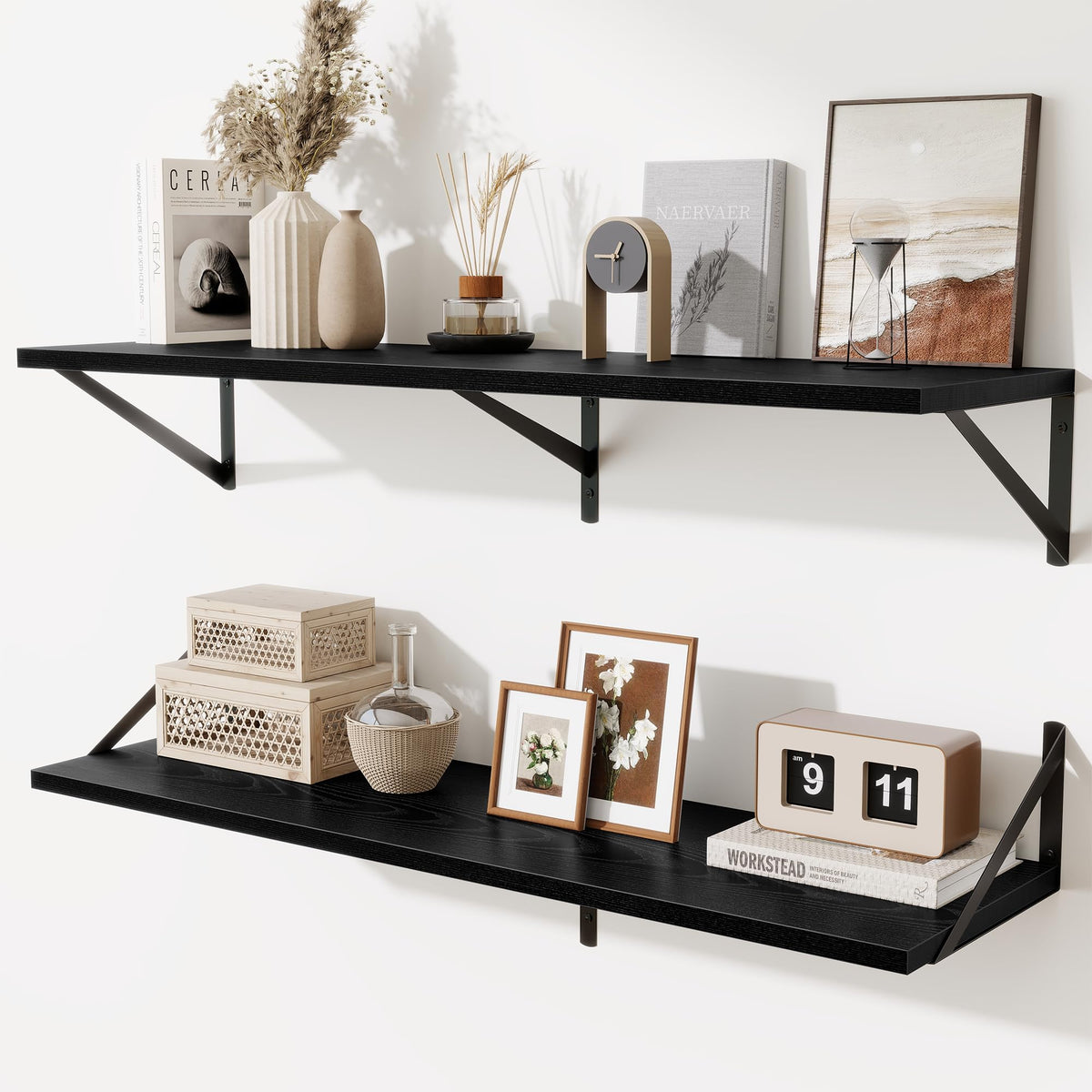 Acovy Deep Floating Shelves Wall Mounted, 36"x12" Brown Wood Shelves with Brackets Set of 2 for Bedroom, Living Room, Bathroom, Kitchen, Office - Storage & Display Shelf for Decor, Books, Plants