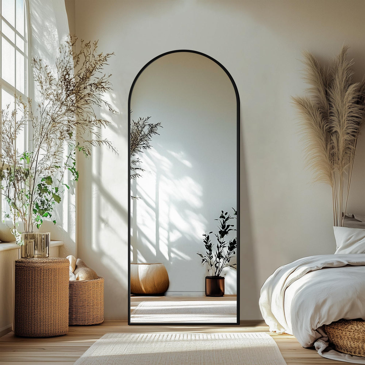 Delma Arched Full Length Mirror with Stand, Black Floor Mirror