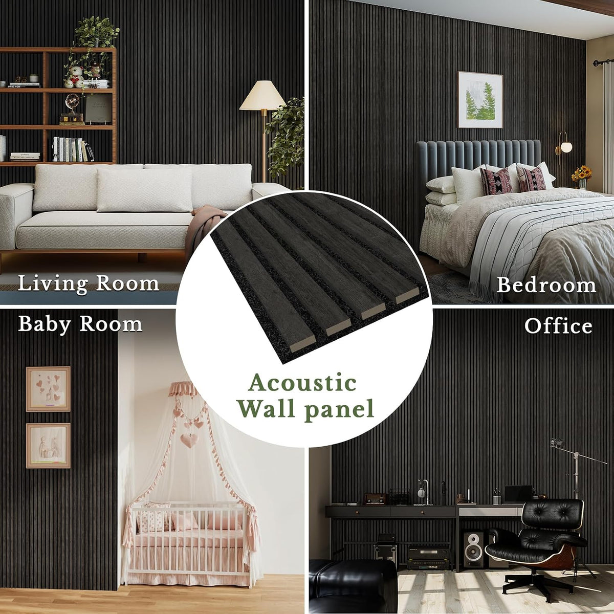 MISSDAY Wood Slat Acoustic Wall Panels, 2 Packs 94.5" x 12.6" Black Soundproof Panel For Interior Wall Decor Noise Absorbing-3D Textured Wooden Panel Sound-Absorbing for Home, Office, Studio