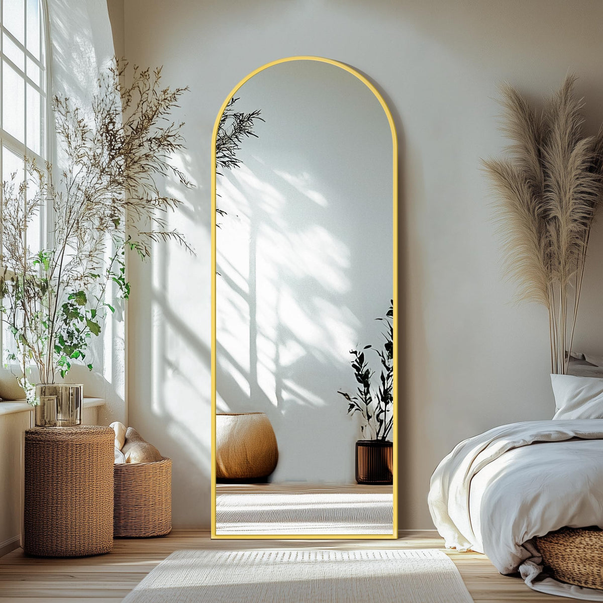 Delma Arched Full Length Mirror with Stand, Black Floor Mirror