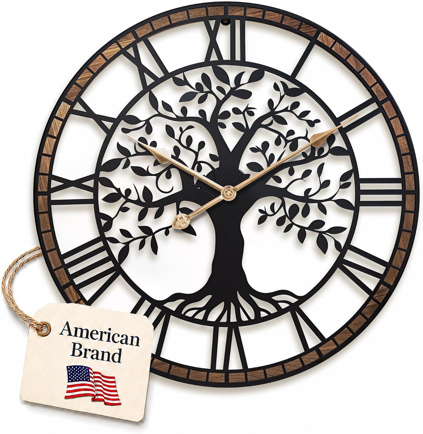 24 Inch Large Modern Metal Tree Wall Clock for Living Room Decor,Wood Frame