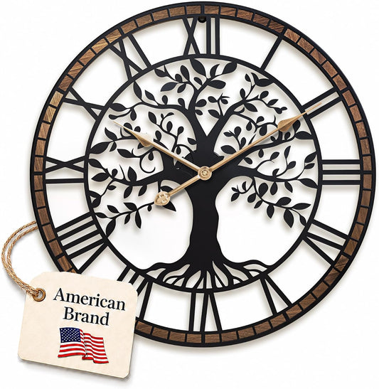 24 Inch Large Modern Metal Tree Wall Clock for Living Room Decor,Wood Frame