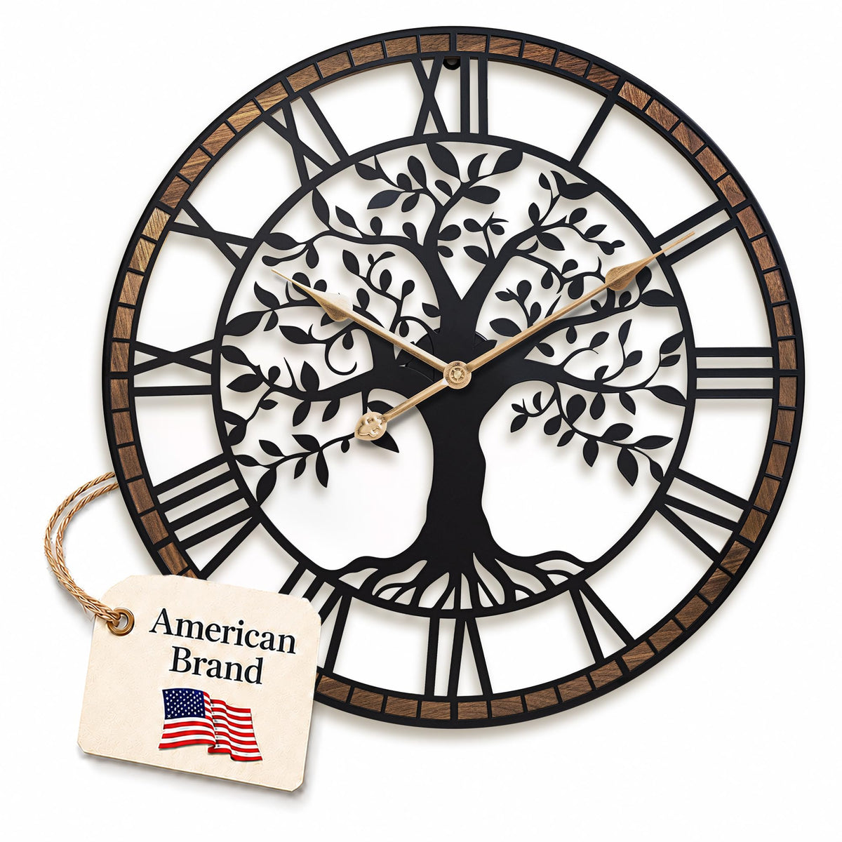 24 Inch Large Modern Metal Tree Wall Clock for Living Room Decor,Wood Frame