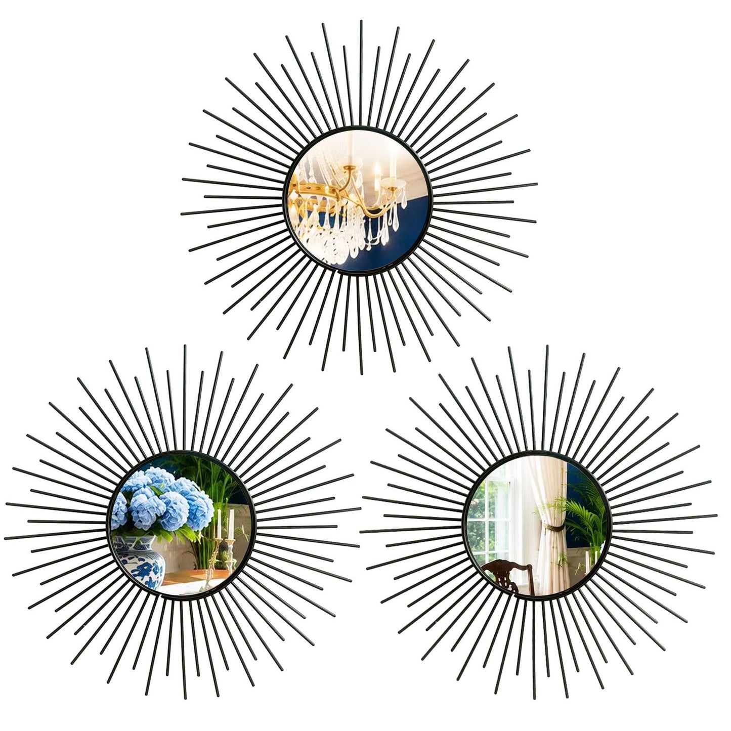 3 Pack Metal Mirrors for Wall Sunburst Wall Mirrors Home Décor Decorative Hanging Wall Art for Living Room Bedroom Entryway (Gold, Flower+Sunburst)