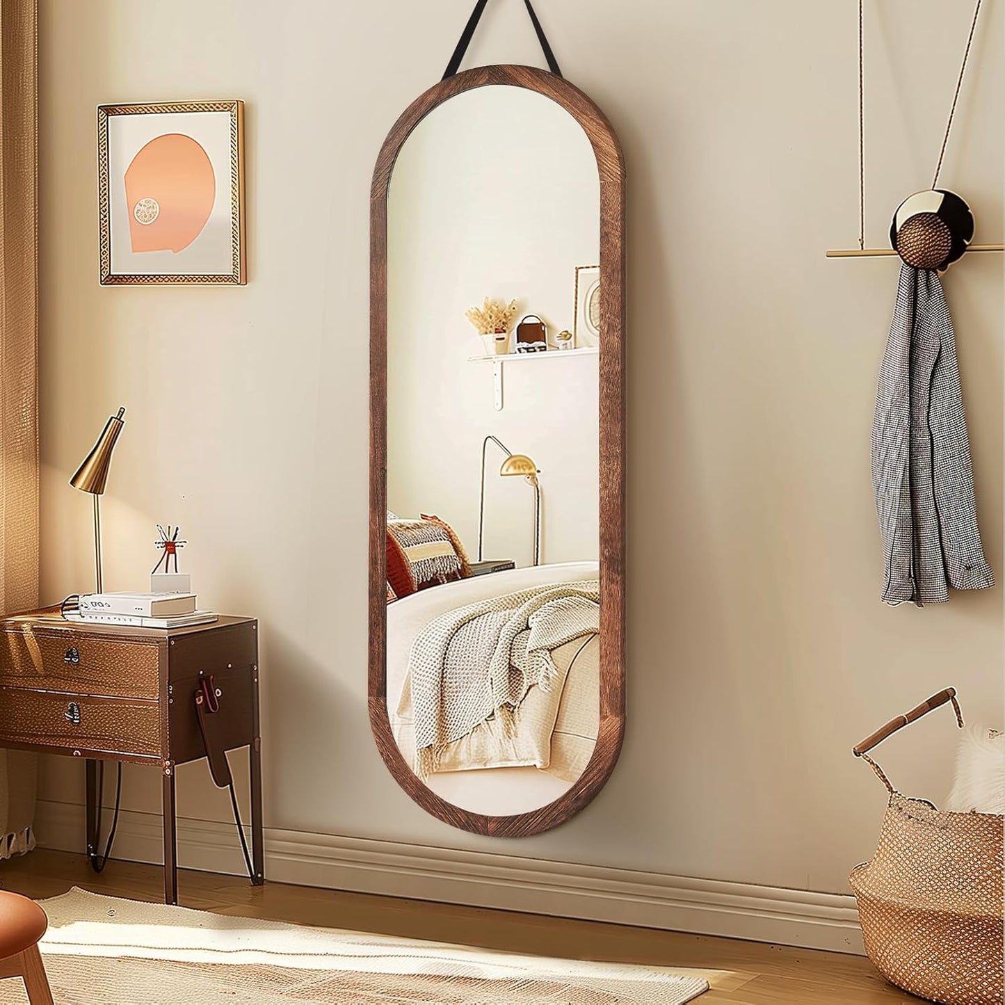 48x16in Oval Full Length Mirror Solid Wood Frame, Brown