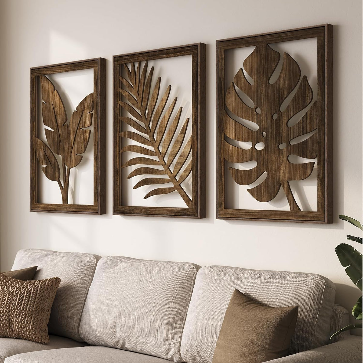Framed Boho Cutout Carved Wood Wall Art Decor for Living Room, 24x36 Inch