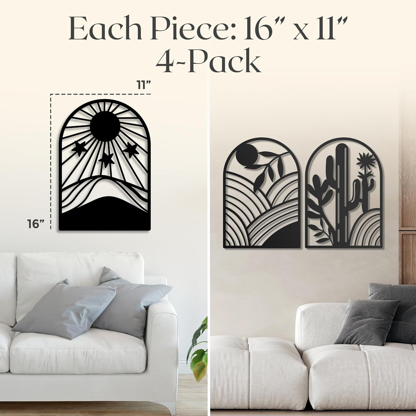 GALLERY GRACE Metal Wall Art Decor – 11" x 16", 4Pc Single Line Abstract Wall Art for Living Room, Bedroom, Office – Boho Minimalist Black Wall Decor Featuring Sun, Moon, Landscape & Desert Panels