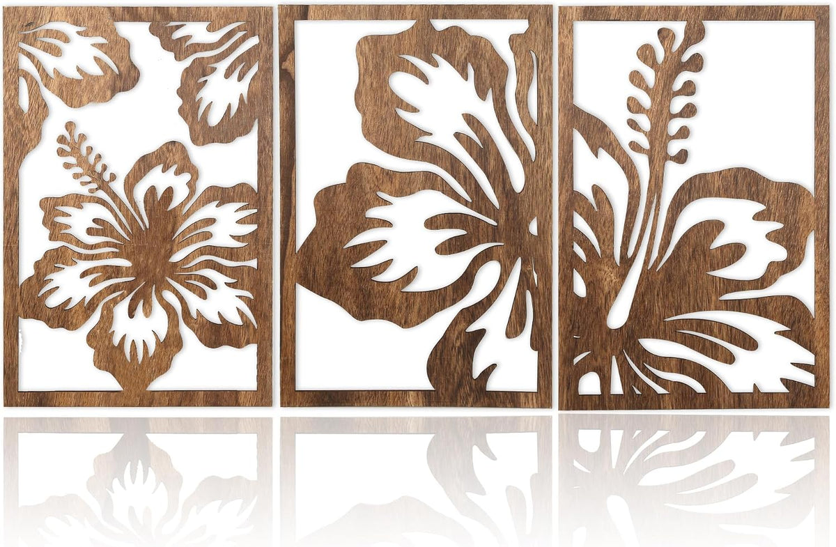 Motivilla Wood Wall Art Set of 3, Dark Floral Decor for Living Room