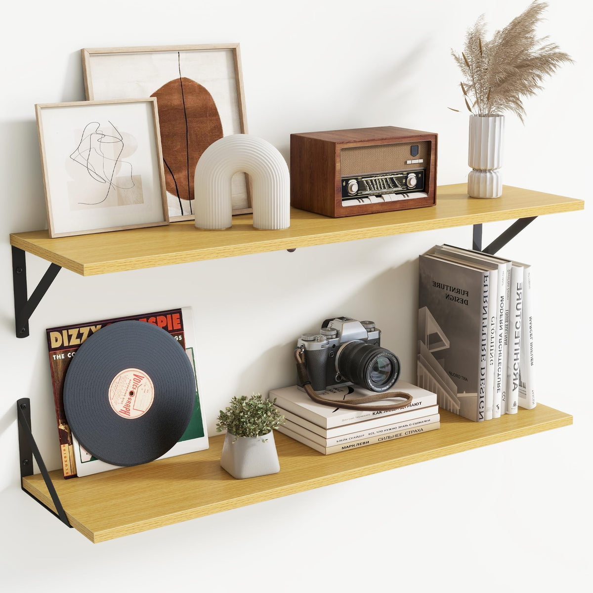 Acovy Deep Floating Shelves Wall Mounted, 36"x12" Brown Wood Shelves with Brackets Set of 2 for Bedroom, Living Room, Bathroom, Kitchen, Office - Storage & Display Shelf for Decor, Books, Plants