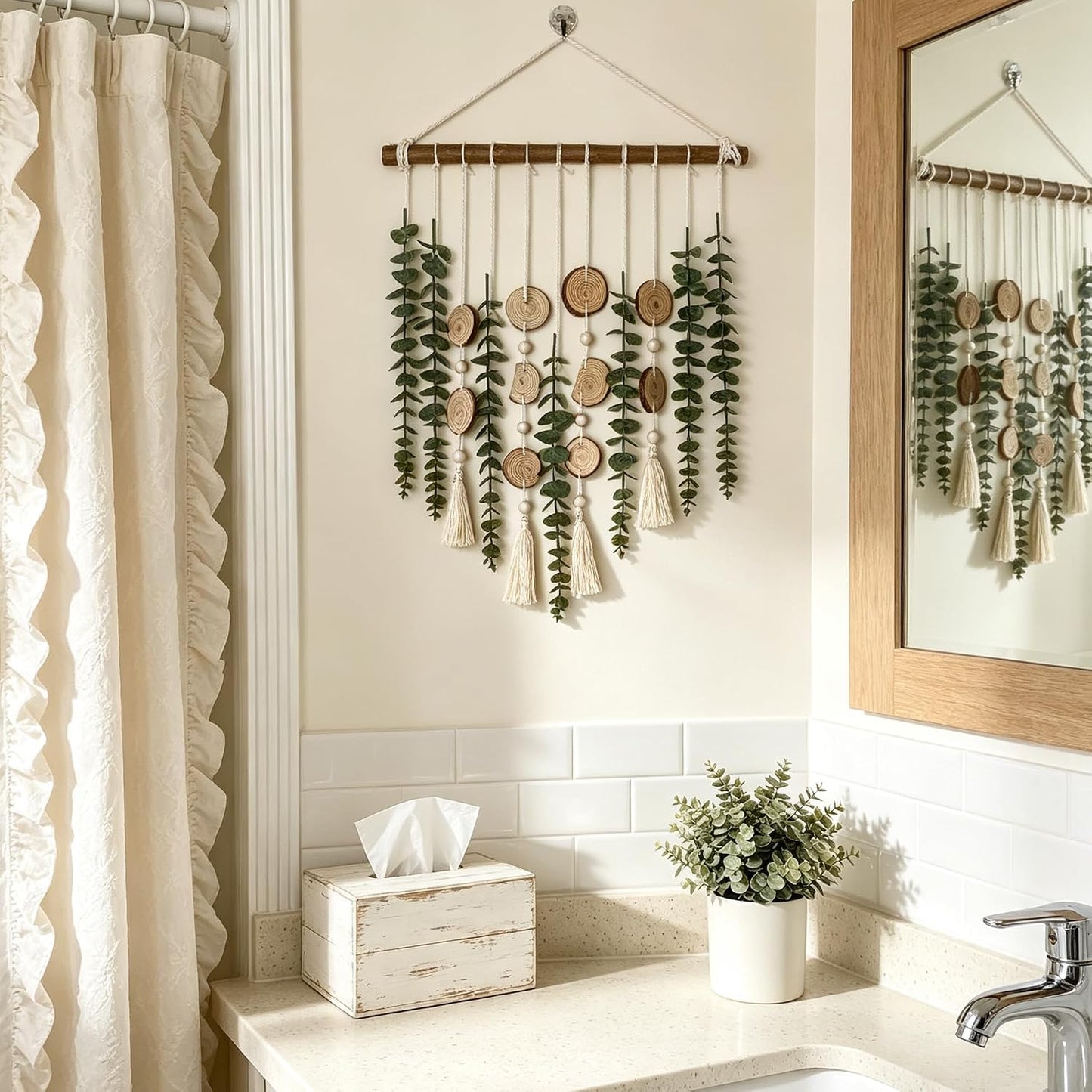 Artificial Eucalyptus Wall Decor Fake Greenery Leaves Stems Wall Hanging Plants on 16.5 inch Wooden Stick Boho Rustic Farmhouse Decor for Bedroom Kitchen Dining Room Bathroom
