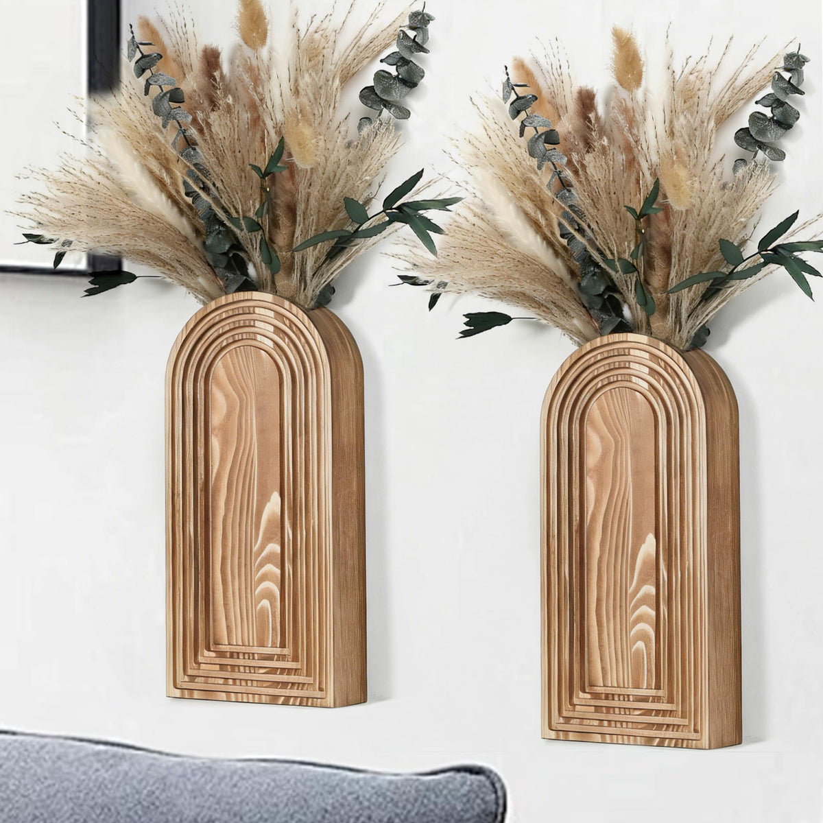 Wooden Wall Planter Set of 4 - Modern Home Decor for Living Room, Bedroom, Bathroom - Walnut Finish Planter for Dried Flowers, Faux Greenery, Indoor Plants