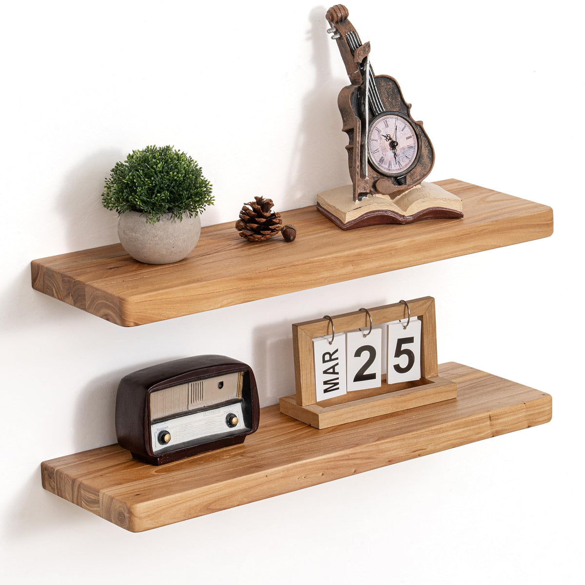 Floating Shelves for Wall Decor, Rustic Solid Elm Wood Live Edge Floating Shelves Wall Mounted, Wall Shelves with Invisible Bracket for Living Room Bathroom Bedroom Kitchen, 24 Inch Set of 2, Natural