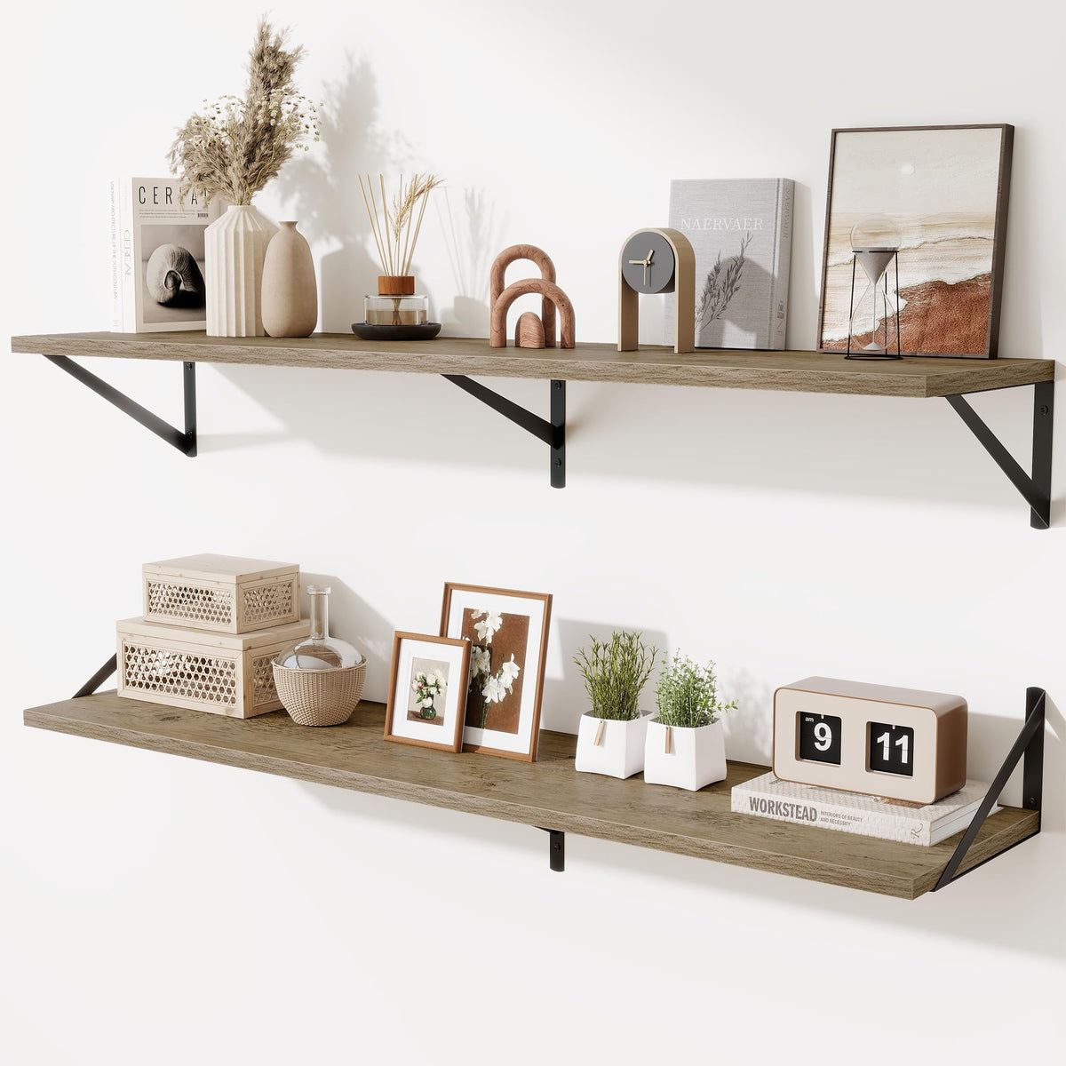Acovy Deep Floating Shelves Wall Mounted, 36"x12" Black Wall Shelves with Brackets Set of 2 for Bedroom, Living Room, Bathroom, Kitchen, Office - Storage & Display Shelf for Decor, Books, Plants