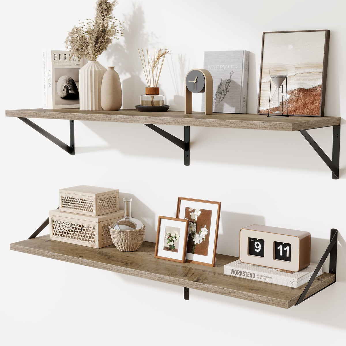 Acovy Deep Floating Shelves Wall Mounted, 36"x12" Black Wall Shelves with Brackets Set of 2 for Bedroom, Living Room, Bathroom, Kitchen, Office - Storage & Display Shelf for Decor, Books, Plants