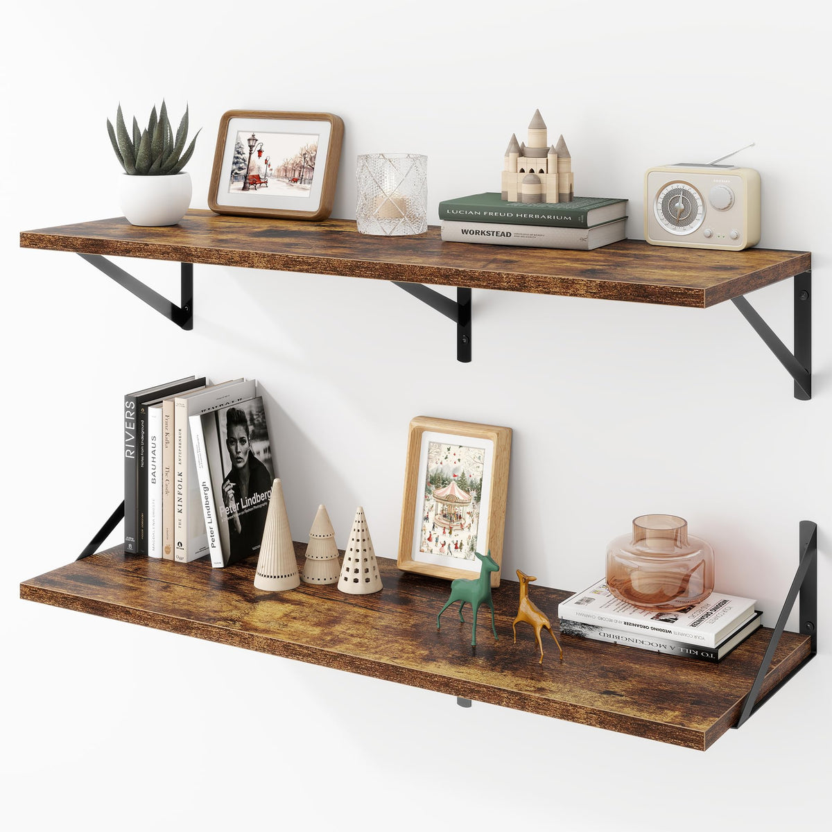 Acovy Deep Floating Shelves Wall Mounted, 36"x12" Black Wall Shelves with Brackets Set of 2 for Bedroom, Living Room, Bathroom, Kitchen, Office - Storage & Display Shelf for Decor, Books, Plants