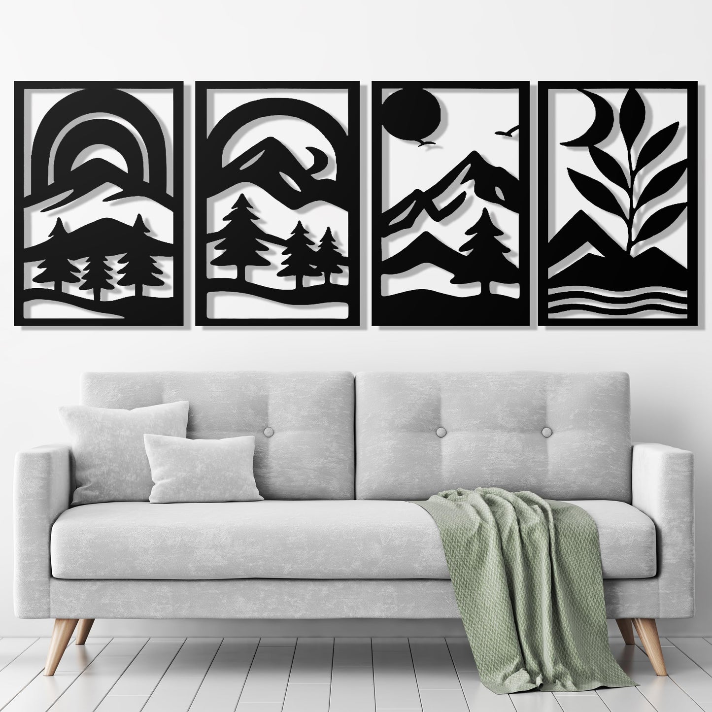 GALLERY GRACE Metal Wall Art Decor – 11" x 16", 4Pc Single Line Abstract Wall Art for Living Room, Bedroom, Office – Boho Minimalist Black Wall Decor Featuring Sun, Moon, Landscape & Desert Panels