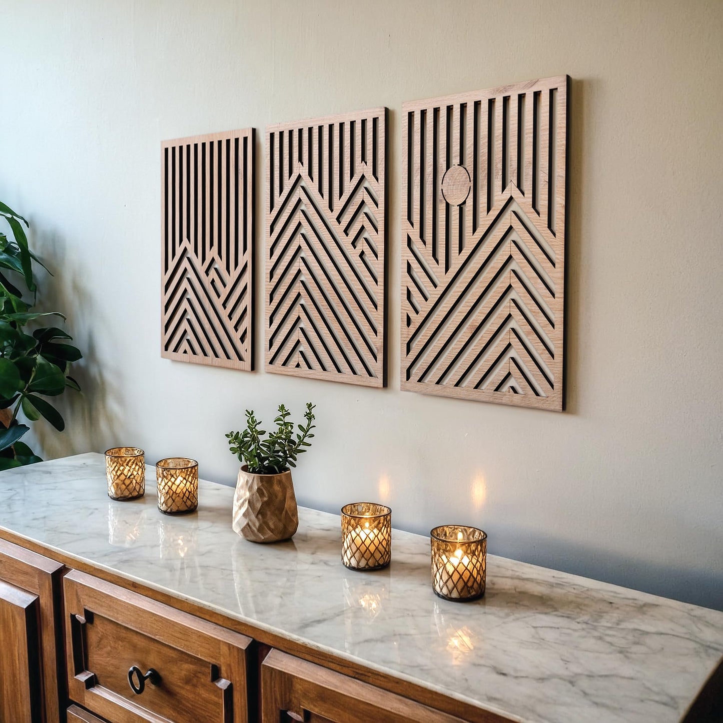 qmmp Modern Wooden Wall Sculptures - Set of 3 - Home Decor Accent - Large Wall Art for Living Room, Bedroom, Office - Easy Installation (Walnut, Large - Tree Leaves)