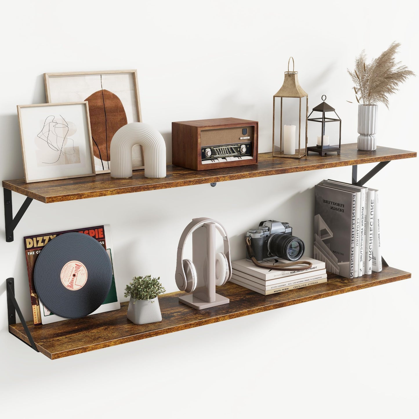 Acovy Deep Floating Shelves Wall Mounted, 36"x12" Brown Wood Shelves with Brackets Set of 2 for Bedroom, Living Room, Bathroom, Kitchen, Office - Storage & Display Shelf for Decor, Books, Plants
