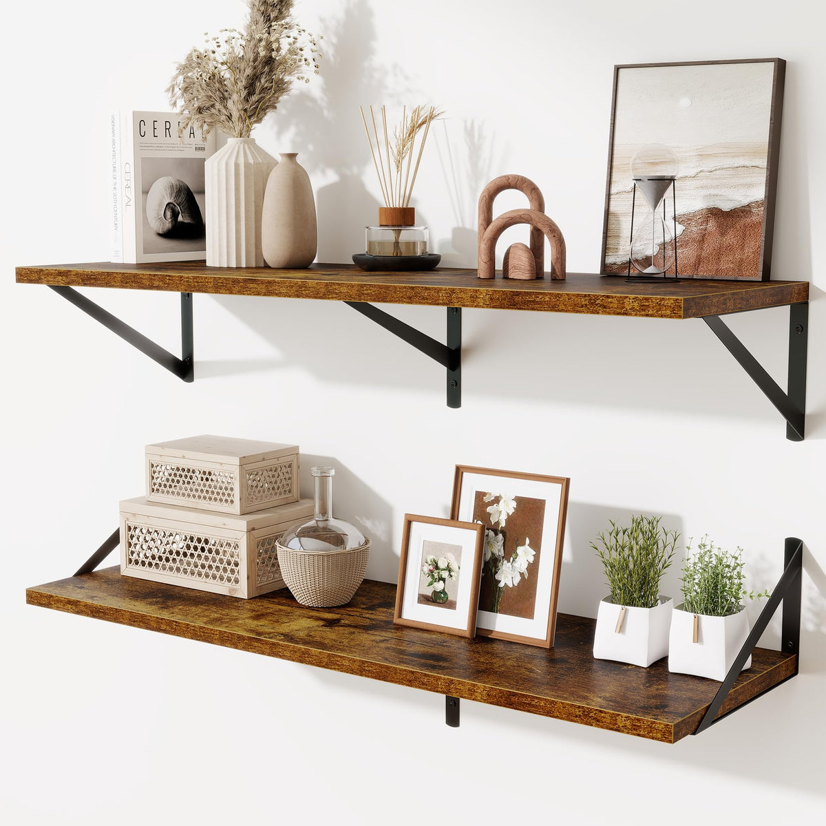 Acovy Deep Floating Shelves Wall Mounted, 36"x12" Black Wall Shelves with Brackets Set of 2 for Bedroom, Living Room, Bathroom, Kitchen, Office - Storage & Display Shelf for Decor, Books, Plants