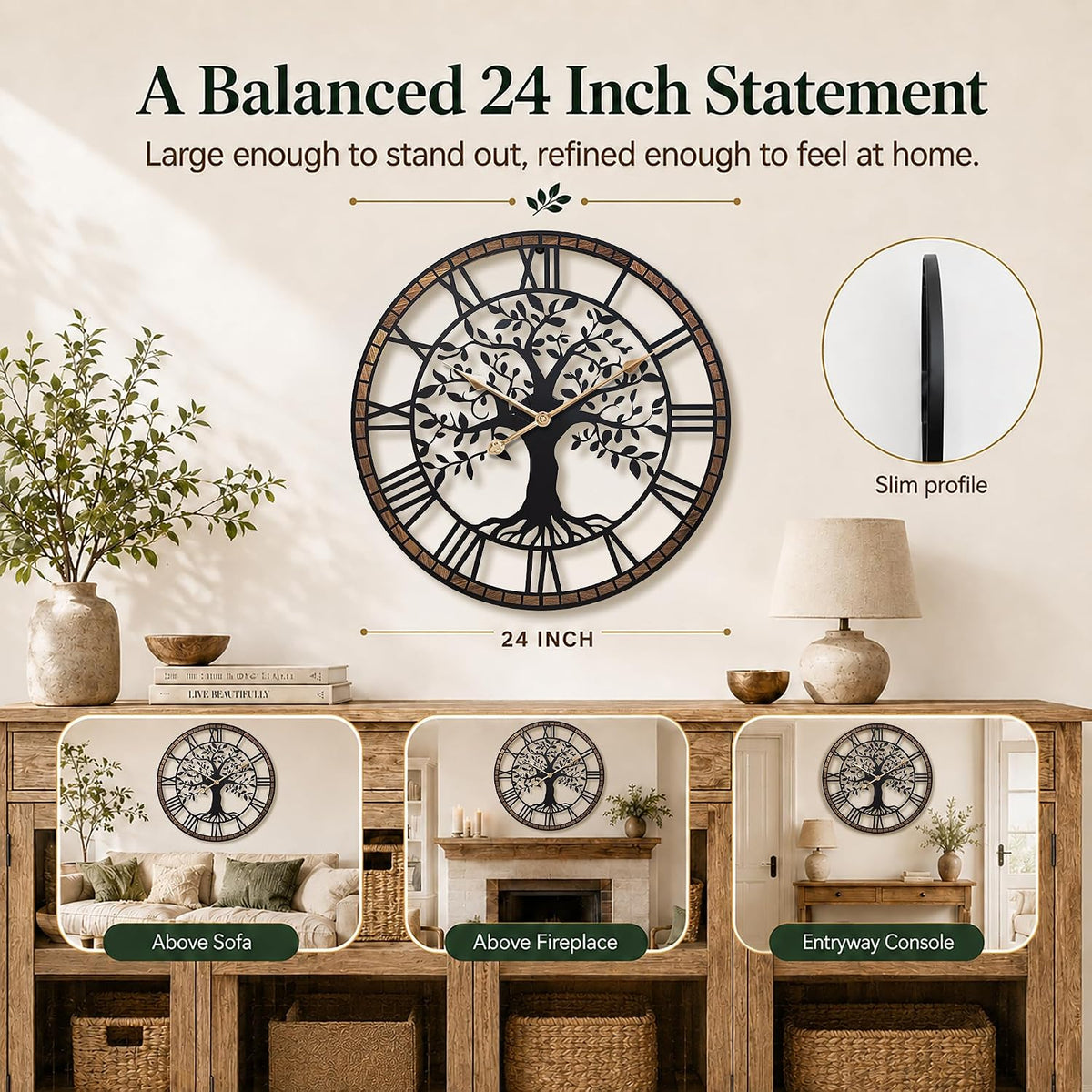 24 Inch Large Modern Metal Tree Wall Clock for Living Room Decor,Wood Frame