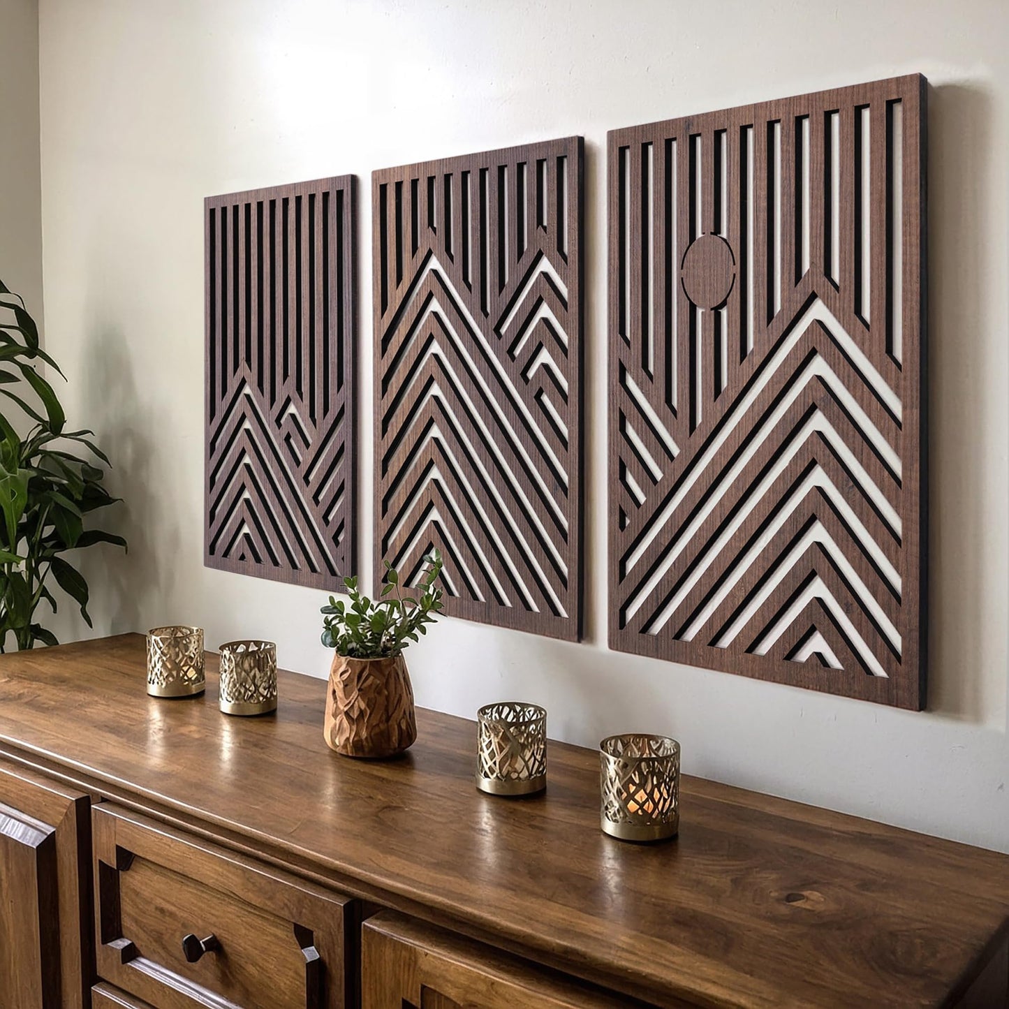 qmmp Modern Wooden Wall Sculptures - Set of 3 - Home Decor Accent - Large Wall Art for Living Room, Bedroom, Office - Easy Installation (Walnut, Medium - Mountain and Sun)