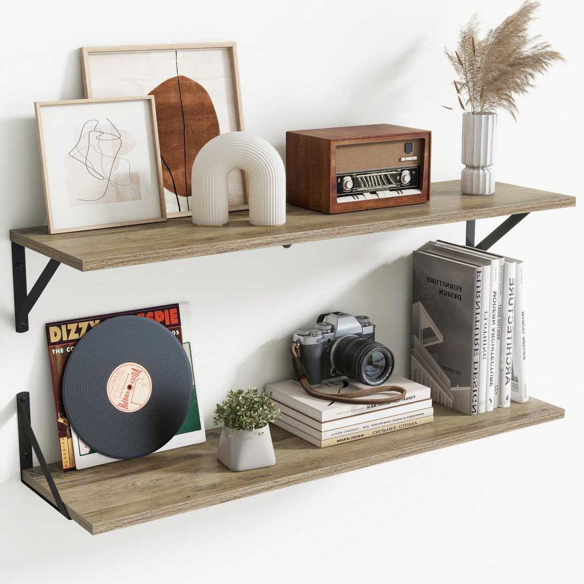 Acovy Deep Floating Shelves Wall Mounted, 36"x12" Black Wall Shelves with Brackets Set of 2 for Bedroom, Living Room, Bathroom, Kitchen, Office - Storage & Display Shelf for Decor, Books, Plants