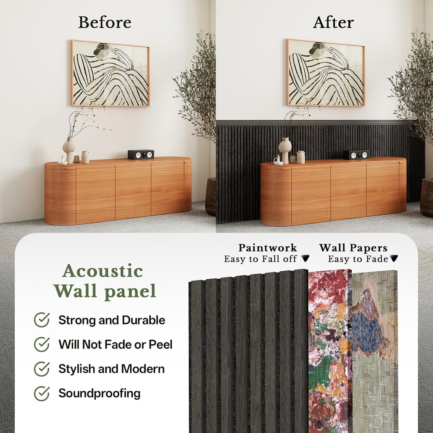 MISSDAY Wood Slat Acoustic Wall Panels, 2 Packs 94.5" x 12.6" Black Soundproof Panel For Interior Wall Decor Noise Absorbing-3D Textured Wooden Panel Sound-Absorbing for Home, Office, Studio