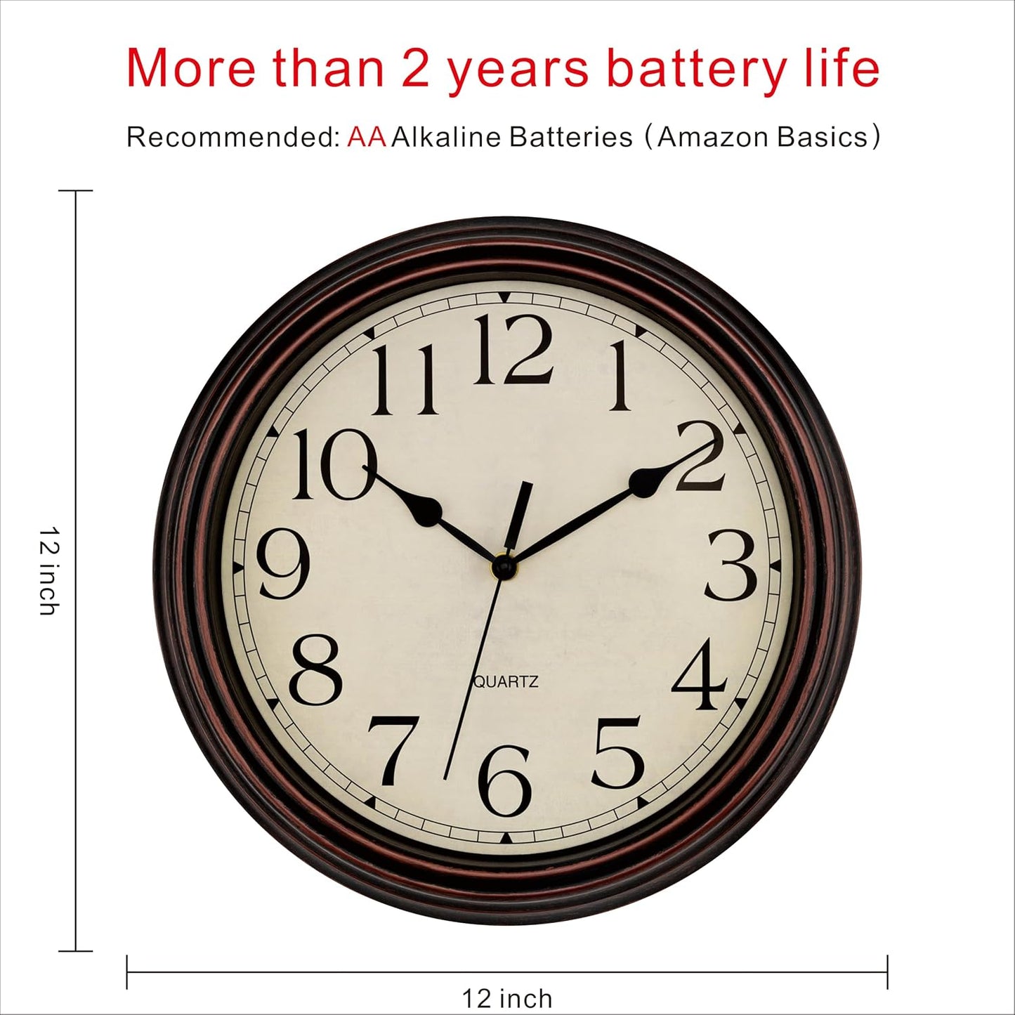 Foxtop Retro Silent Non-Ticking Round Classic Clock Quartz Decorative Battery Operated Wall Clock for Living Room Kitchen Home Office 12 Inch (Bronze)