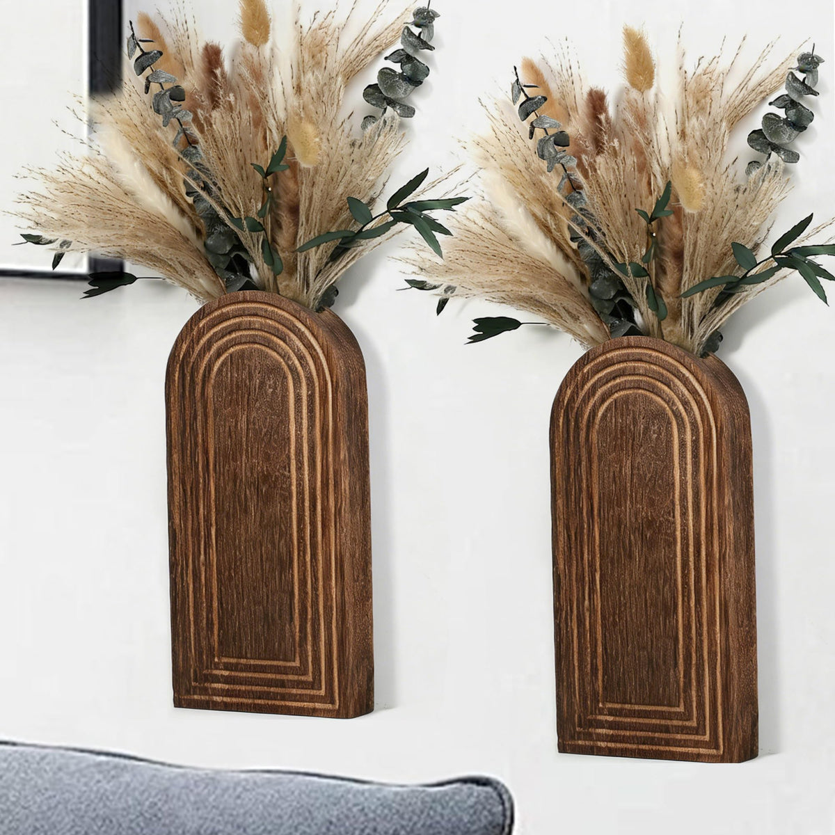 Wooden Wall Planter Set of 4 - Modern Home Decor for Living Room, Bedroom, Bathroom - Walnut Finish Planter for Dried Flowers, Faux Greenery, Indoor Plants