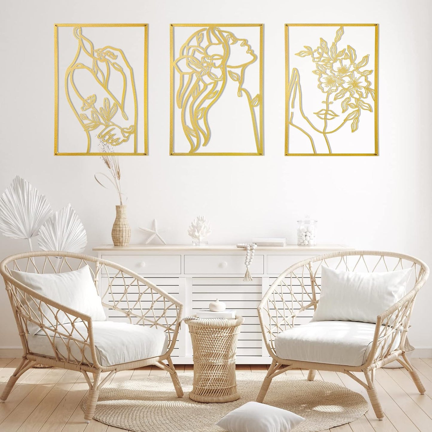 AGIOTA 3 Pcs Gold Metal Wall Decor, Minimalist Floral Women Line Drawing Wall Art, Elegant Abstract Lady Silhouette Metal Wall Hanging for Home Bedroom Living Room