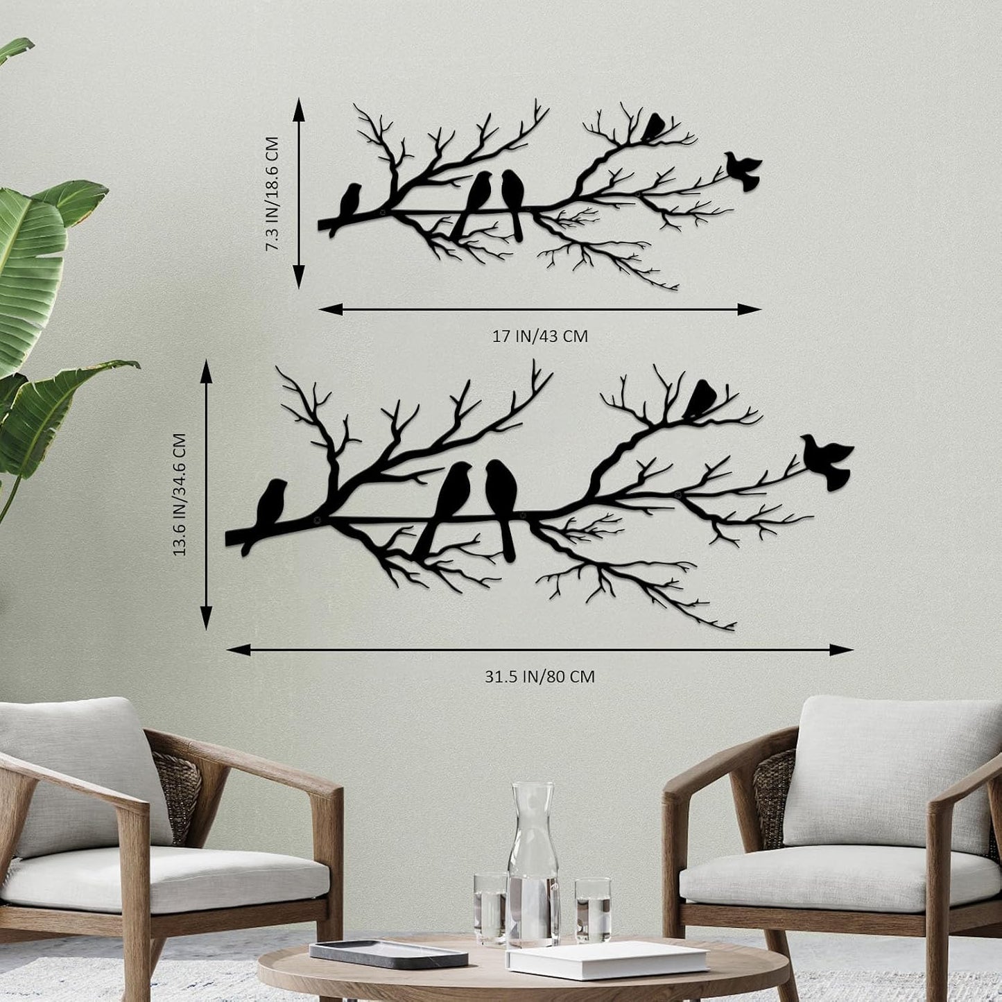 Metal Birds Wall Art, Metal Vivid Birds on Branch Silhouette Wall Decor Black Leaves with Bird Outdoor Hanging Wall Sculpture for Home Balcony Garden(Large)