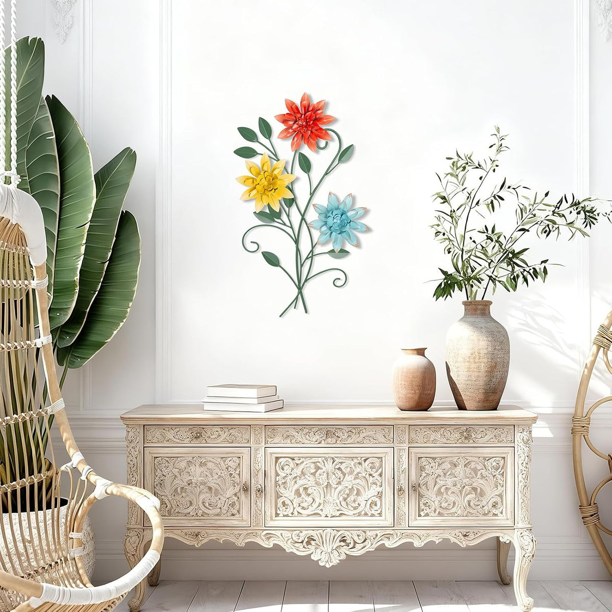 KHJCXS 19"×12" Metal Flower Leaf Wall Art with 6 Piece Interchangeable Flowers, Modern Rustic Iron Artwork Hanging Decor, for Home Bedroom Living Room Dining Room Kitchen Office
