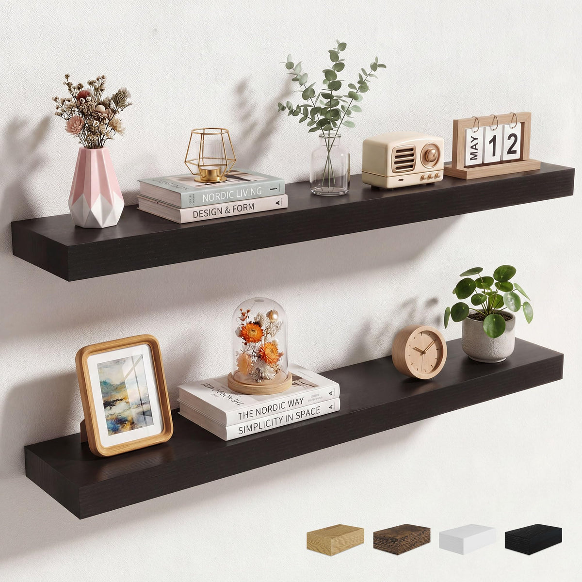 Axeman 72Inch Floating Shelves for Wall 2 Pack Shelves for Kitchen Bathroom Bedroom, Wooden Shelves with Invisible Brackets, Wall Mounted Rustic Wood Floating Shelf for Decor Books Storage, Brown
