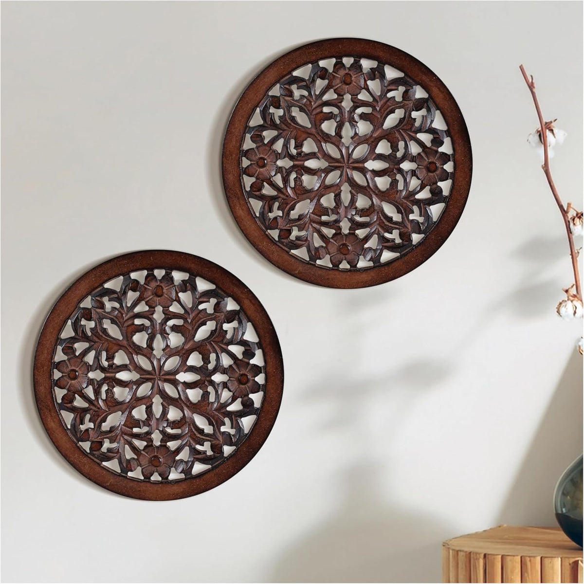Woodify Hand-Carved Wooden Wall Décor – Set of 2, 12x12