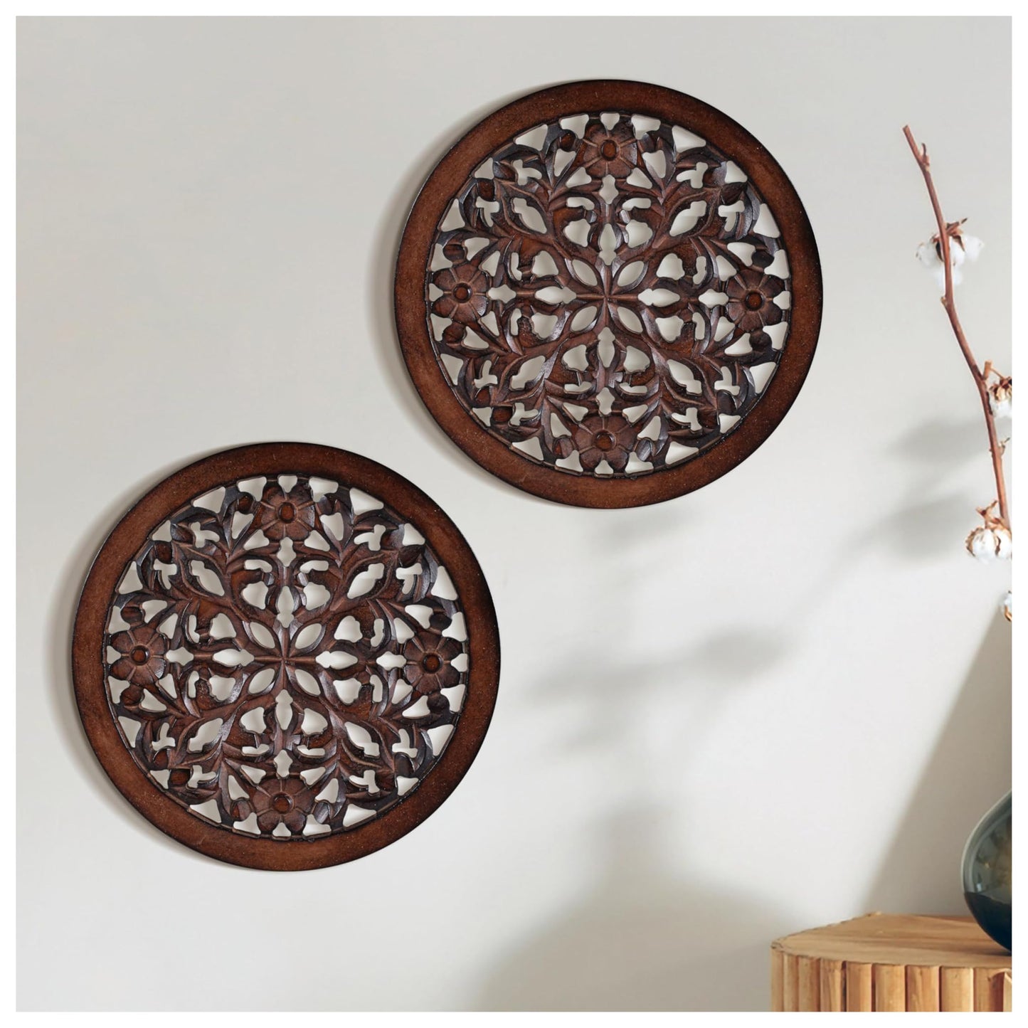 Woodify Hand-Carved Wooden Wall Décor – Set of 2, 12x12