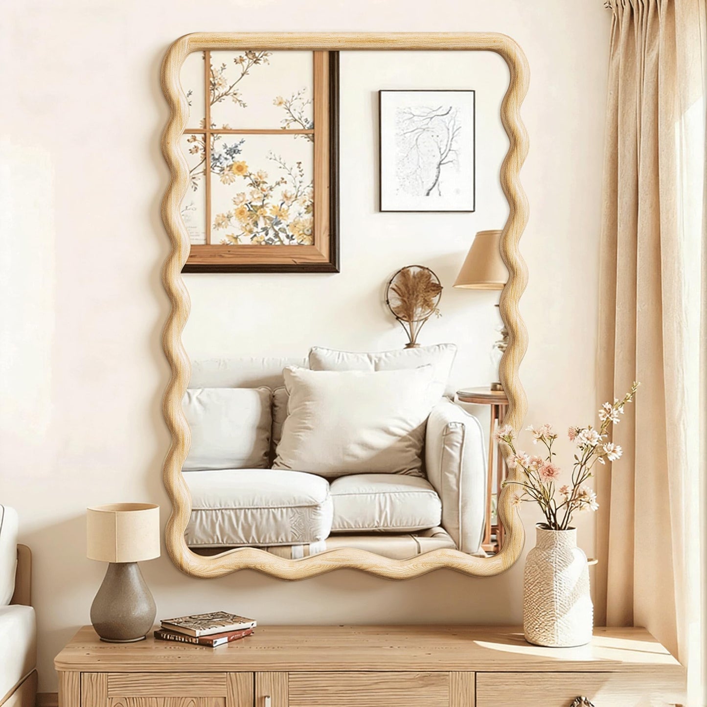 Full Length Mirror, 55”x28” Wavy Wood Floor Mirror for Wall