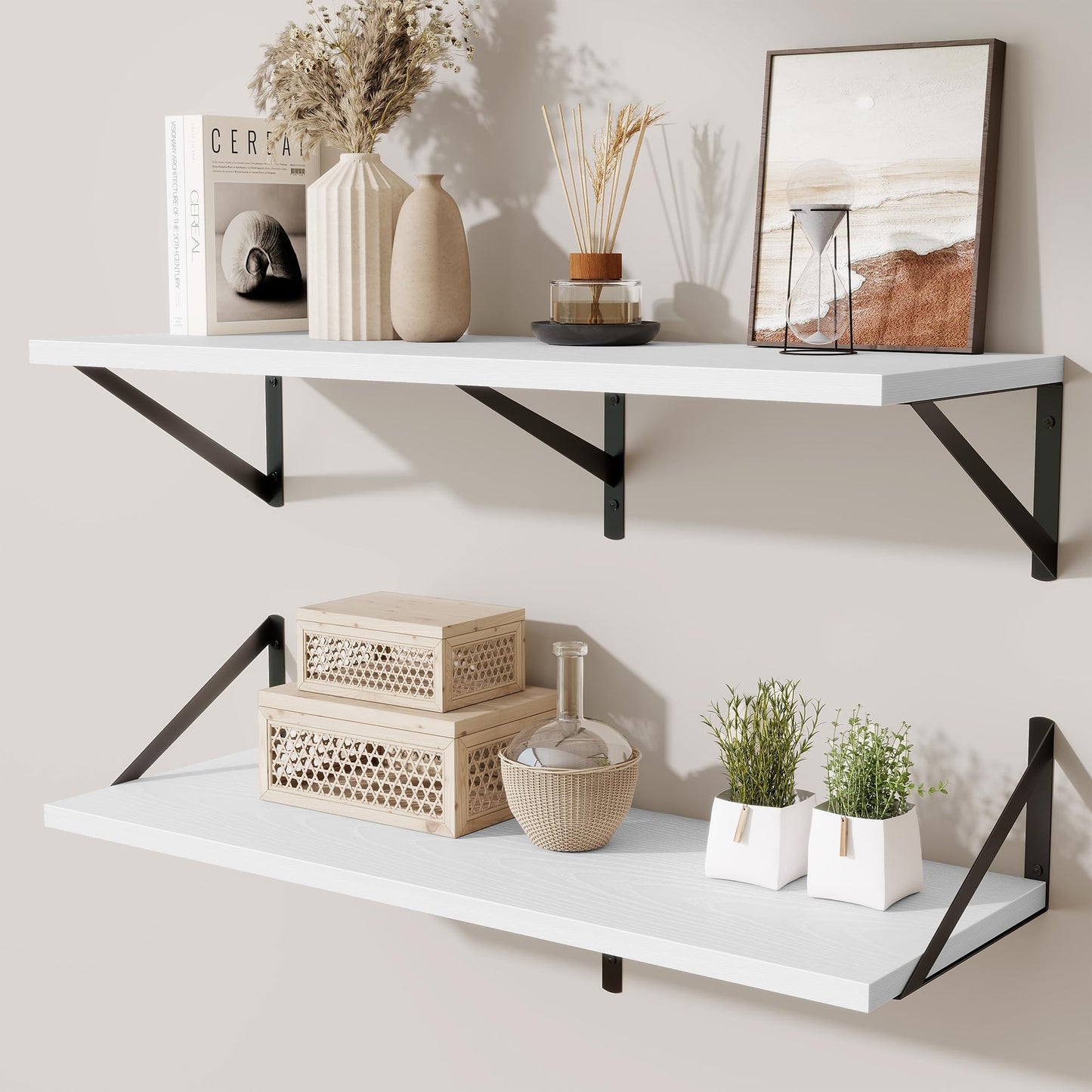 Acovy Deep Floating Shelves Wall Mounted, 36"x12" Brown Wood Shelves with Brackets Set of 2 for Bedroom, Living Room, Bathroom, Kitchen, Office - Storage & Display Shelf for Decor, Books, Plants