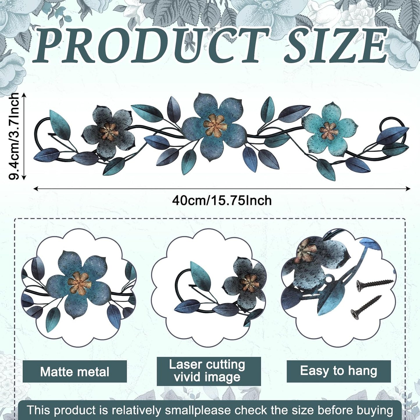 Wesiti Metal Flower Wall Decor Wrought Iron Scroll 15.7x3.7,Blue