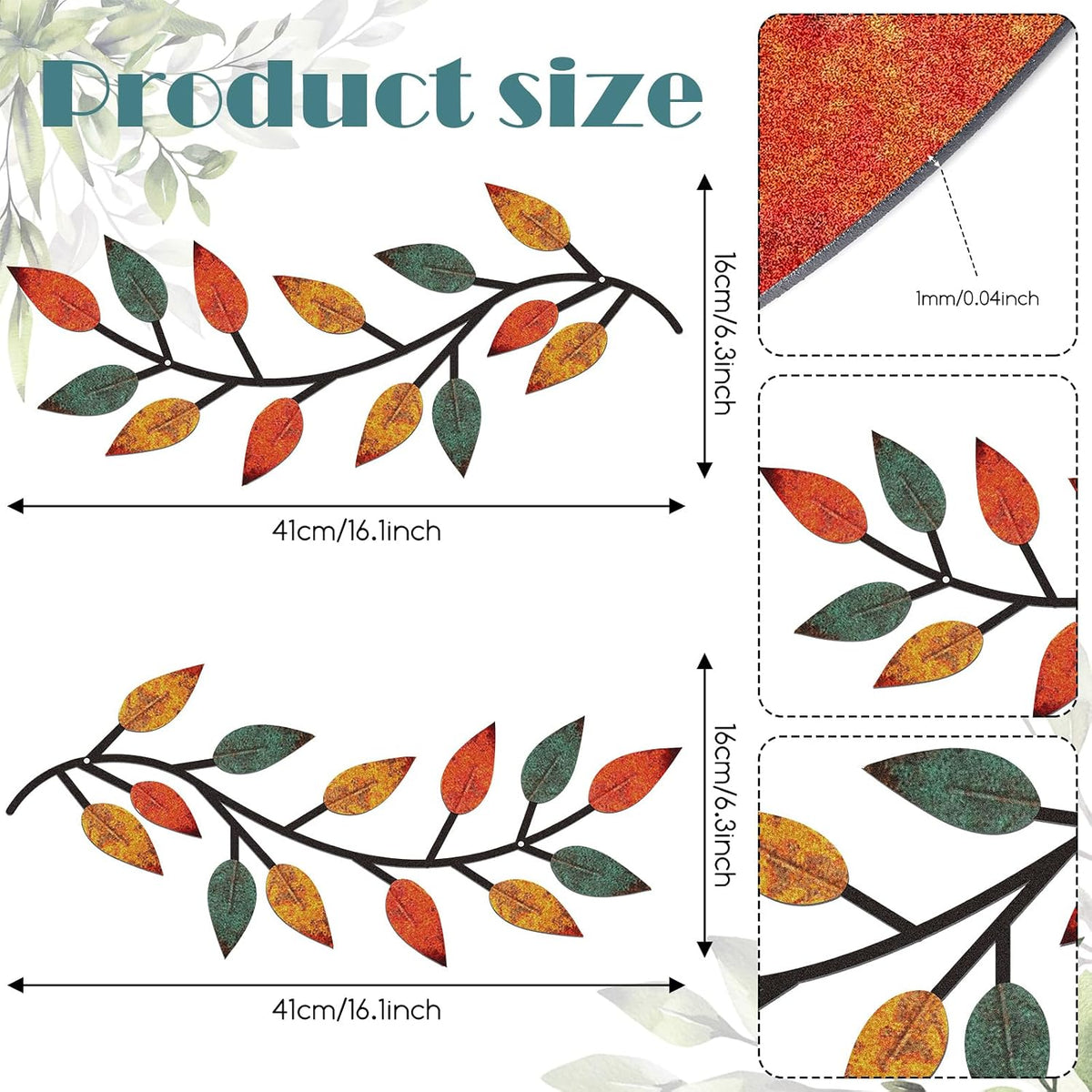 Zhengmy 2 Pcs Metal Leaf Wall Art Vine Branch Decor,Lively Colors