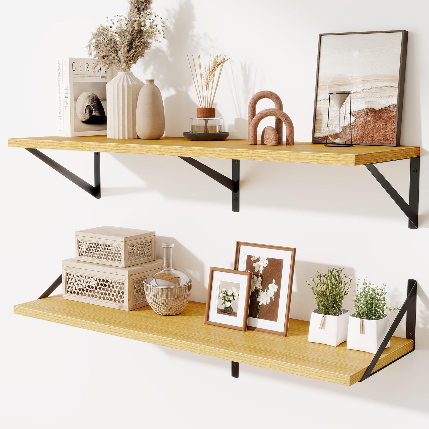 Acovy Deep Floating Shelves Wall Mounted, 36"x12" Brown Wood Shelves with Brackets Set of 2 for Bedroom, Living Room, Bathroom, Kitchen, Office - Storage & Display Shelf for Decor, Books, Plants