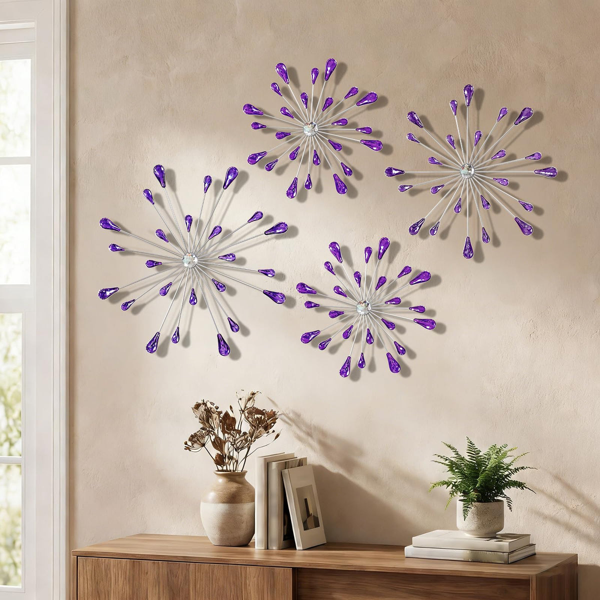 ZEXUIRU 3 Set Silver Starburst Wall Art for Home Decor Metal Bling Crystal Rhinestones Sunburst Wall Decor Sparkling Rhinestone Art Accent Silver - 13in