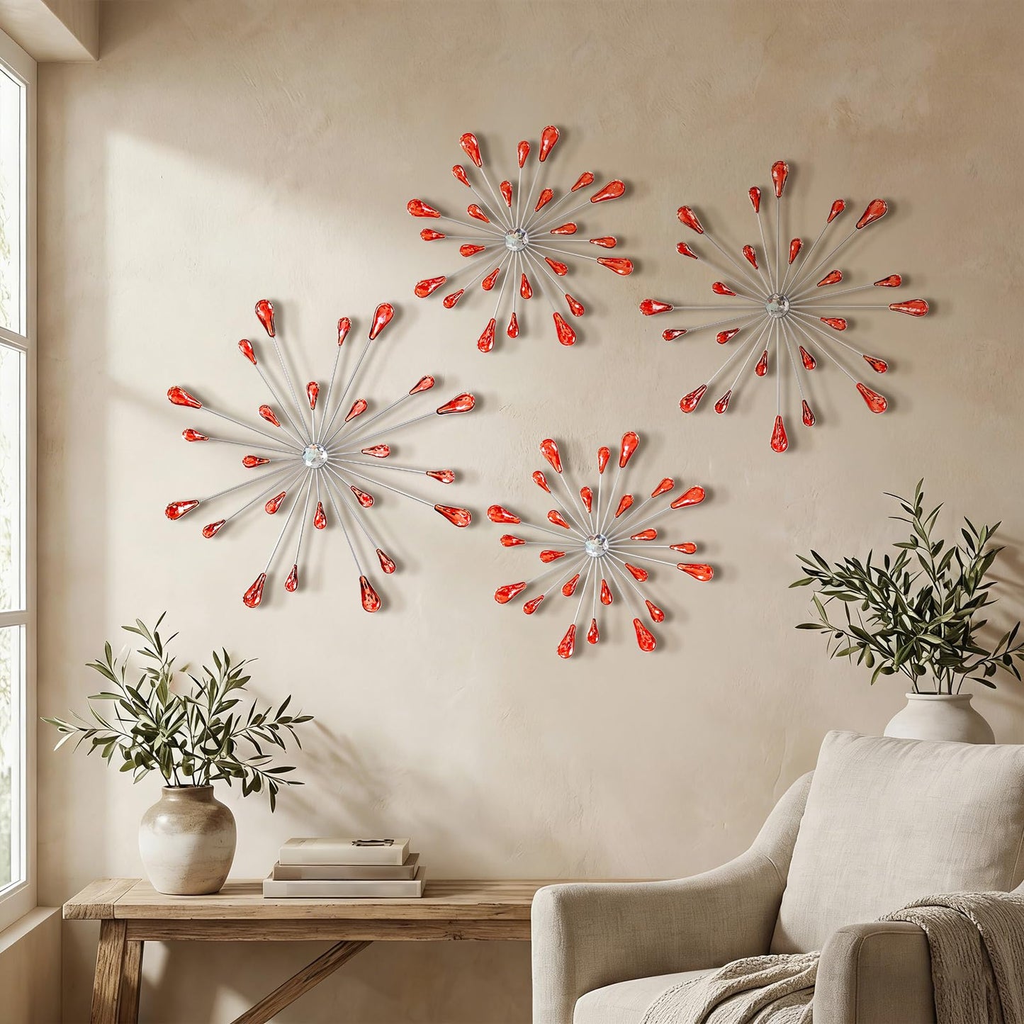 ZEXUIRU 3 Set Silver Starburst Wall Art for Home Decor Metal Bling Crystal Rhinestones Sunburst Wall Decor Sparkling Rhinestone Art Accent Silver - 13in