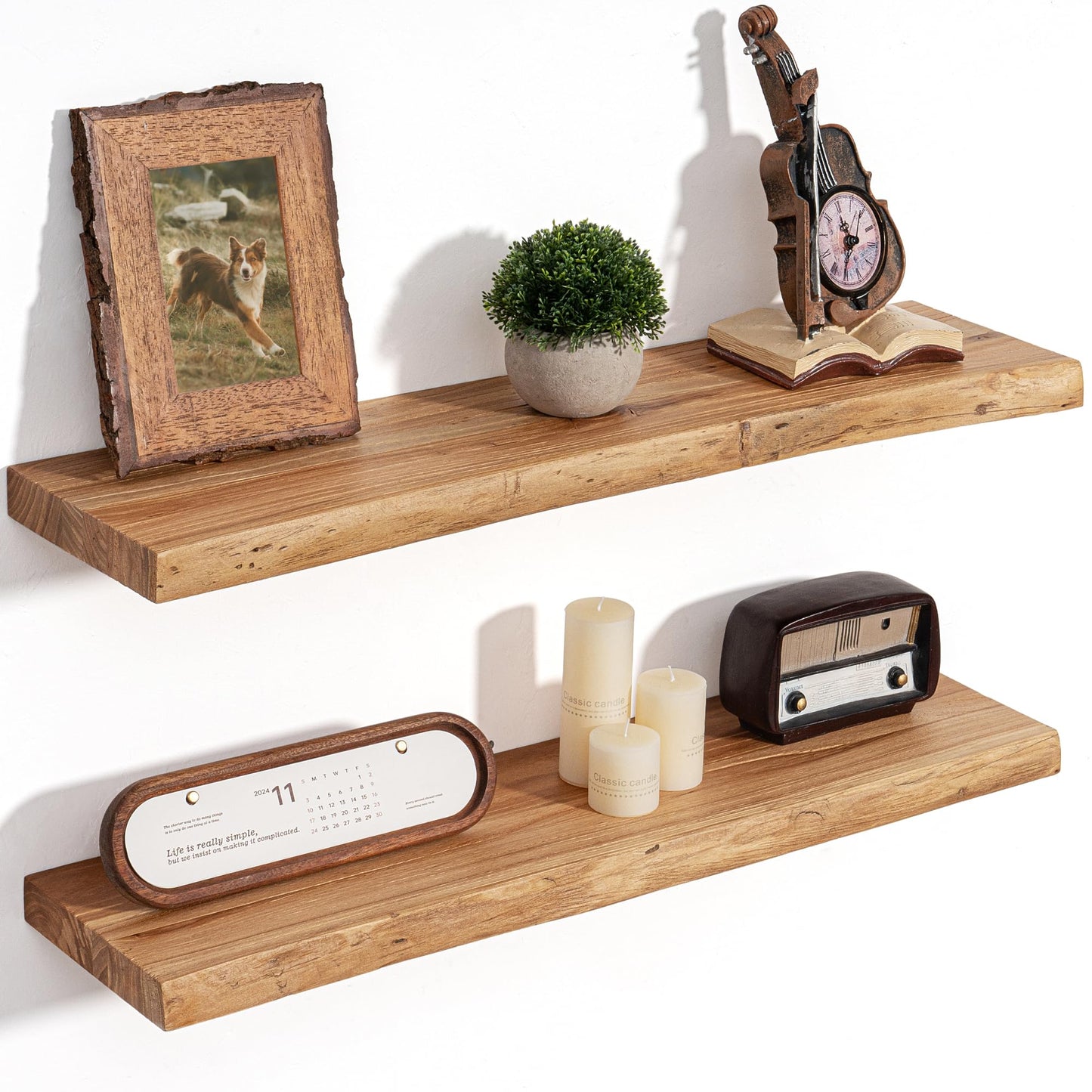 Floating Shelves for Wall Decor, Rustic Solid Elm Wood Live Edge Floating Shelves Wall Mounted, Wall Shelves with Invisible Bracket for Living Room Bathroom Bedroom Kitchen, 24 Inch Set of 2, Natural
