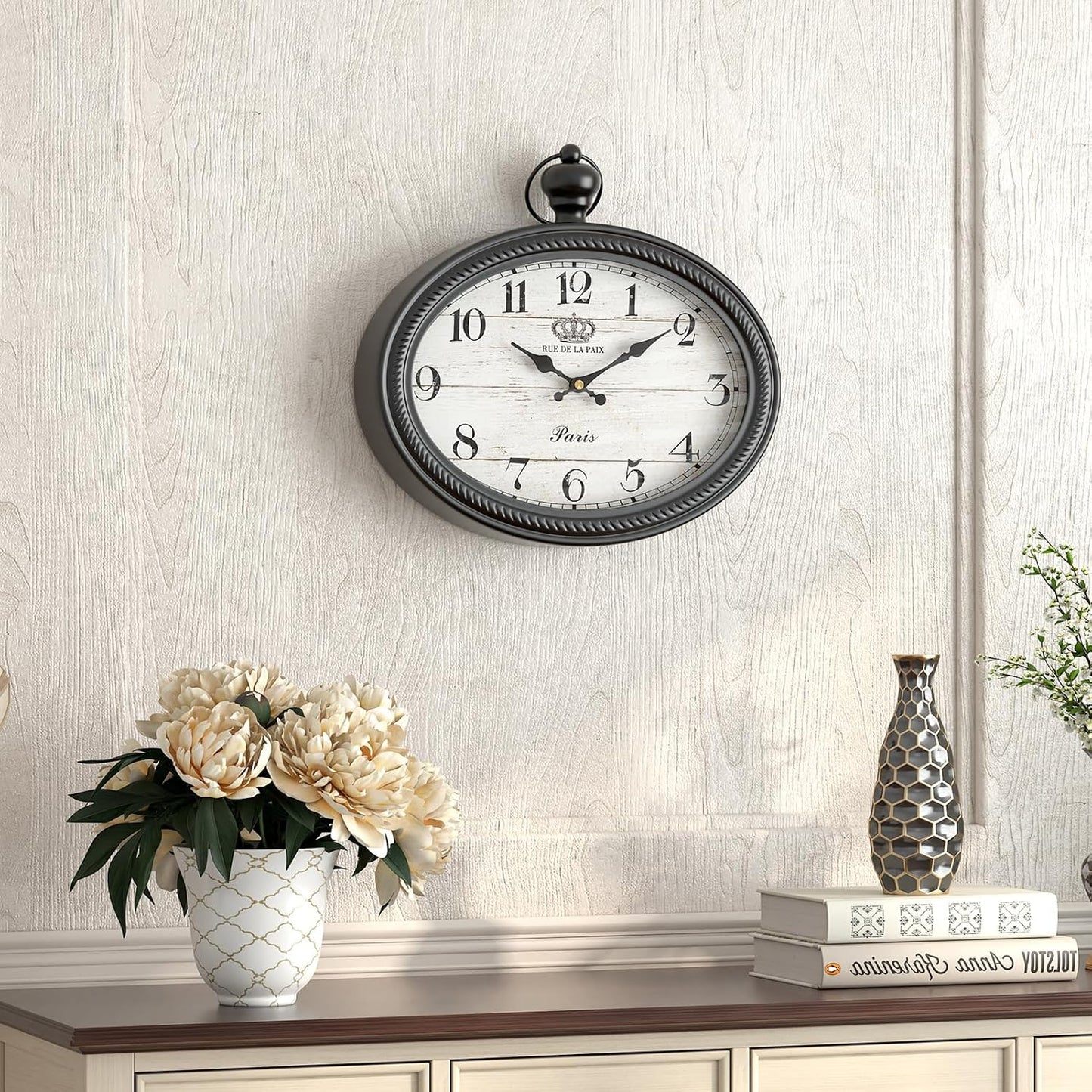 Retro Oval Wall Clock. Black Vintage Antique Style