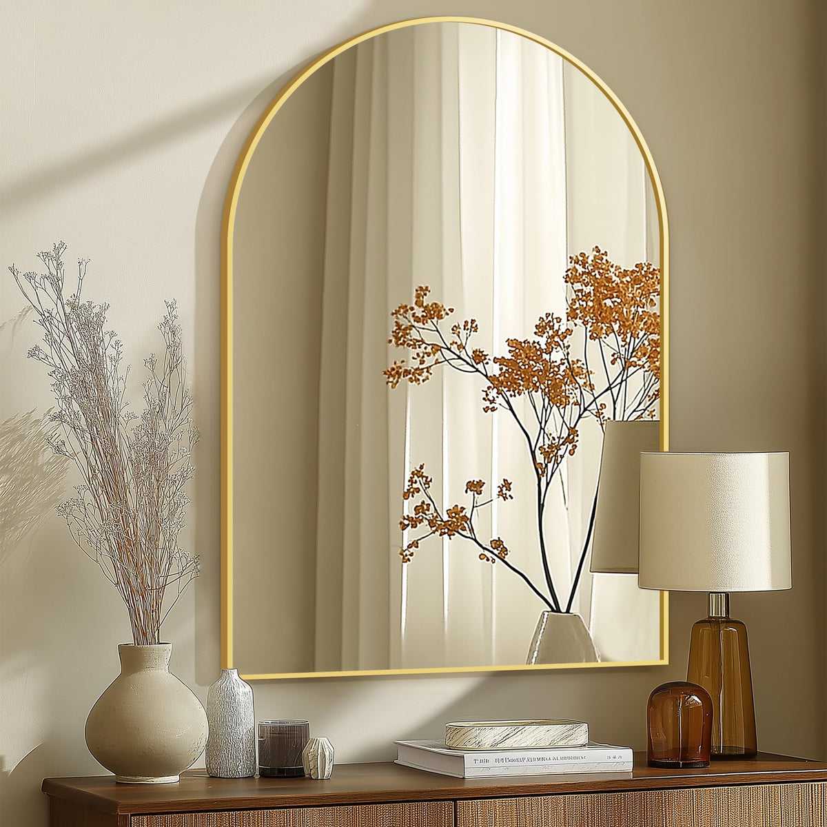 Arched Full Length Mirror, 56"x15" Standing Body Mirror for Wall, Gold