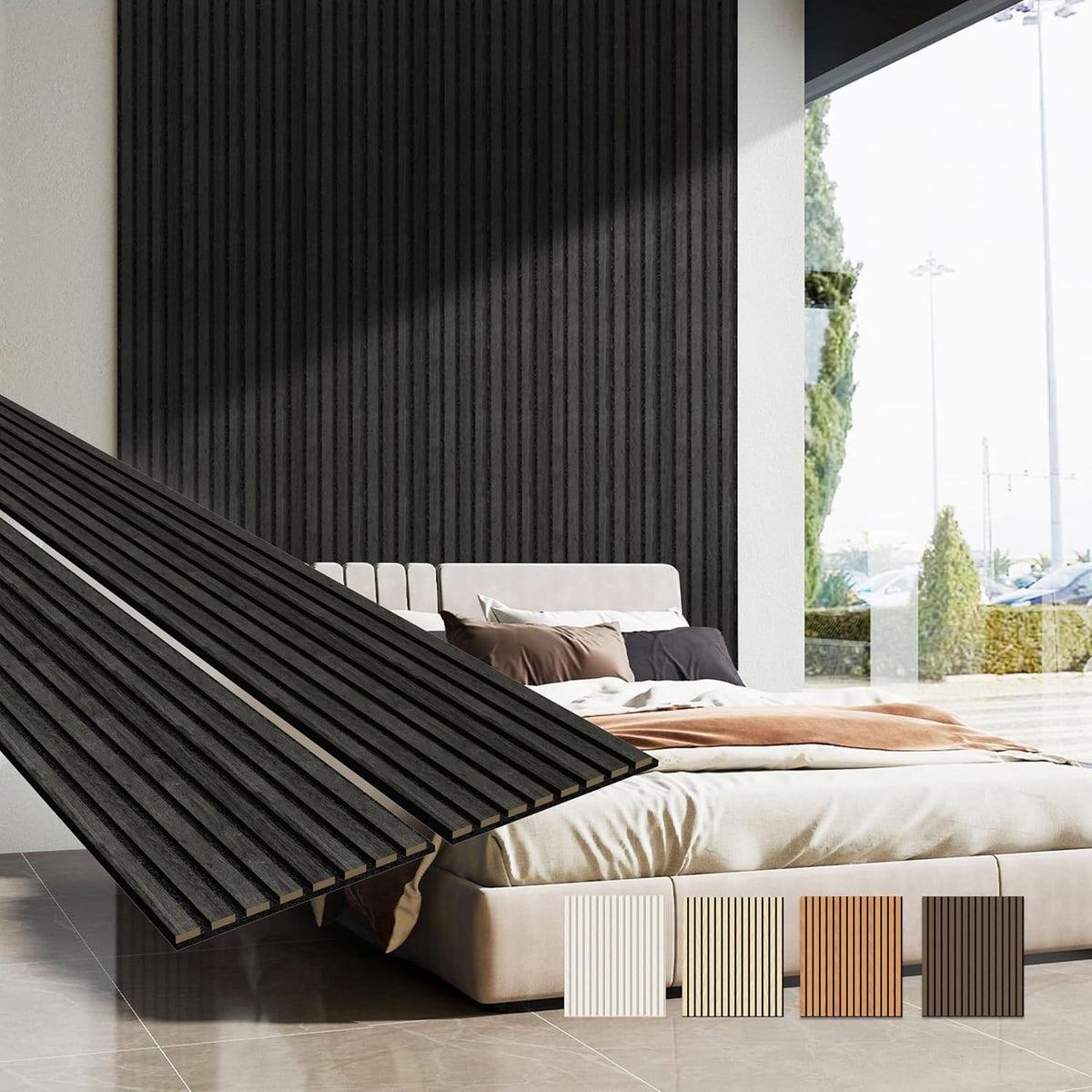 MISSDAY Wood Slat Acoustic Wall Panels, 2 Packs 94.5" x 12.6" Black Soundproof Panel For Interior Wall Decor Noise Absorbing-3D Textured Wooden Panel Sound-Absorbing for Home, Office, Studio